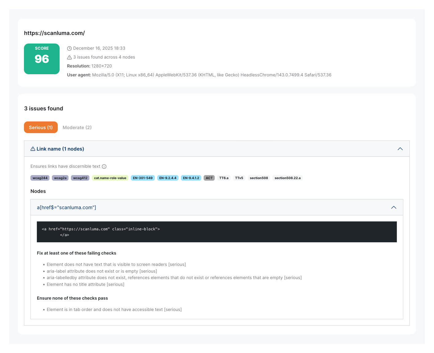 Scanluma accessibility report dashboard