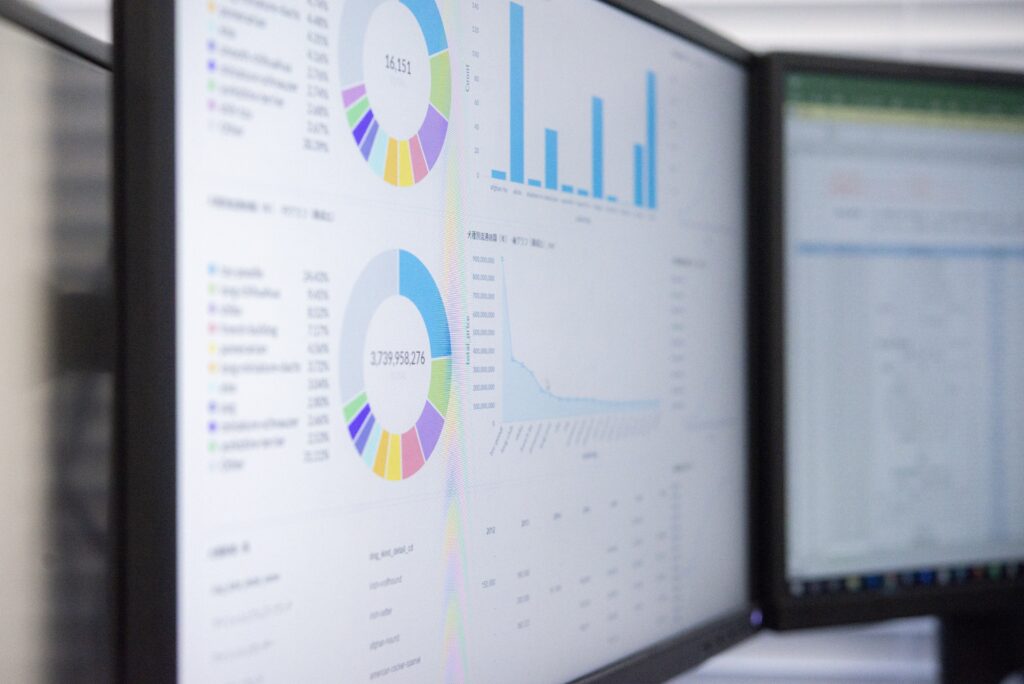 Two computer screens with multiple charts and graphs