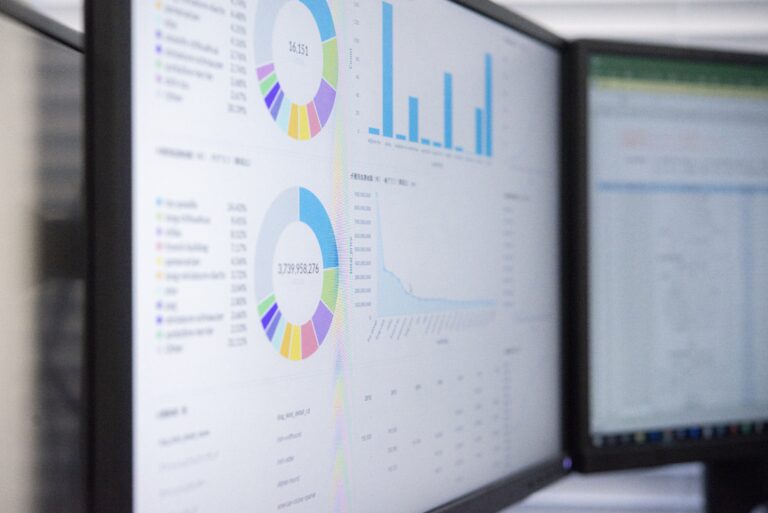 Two computer screens with multiple charts and graphs