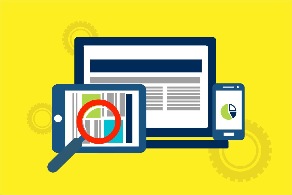Illustration of a phone, tablet and laptop with a magnifying glass.